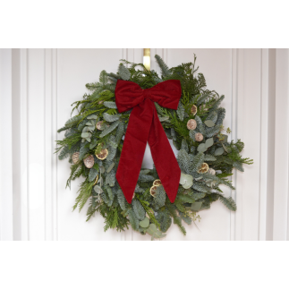 Corona de puerta lazada roja verdes variados