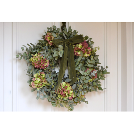 Corona de puerta eucalipto y hortensia