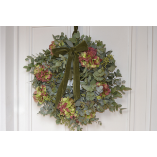 Corona de puerta eucalipto y hortensia Corona de puerta eucalipto y hortensia